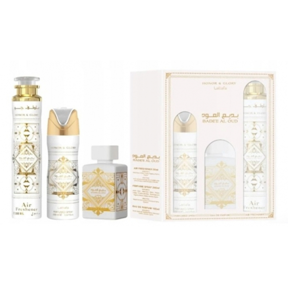 Obrázok pre Lattafa Bade'e Al Oud Honor & Glory darčeková sada edp 100ml unisex + Perfumed Spray 200 ml + Izbový Sprej 300ml 