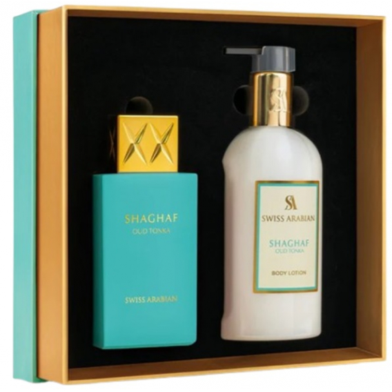 Obrázok pre Swiss Arabian darčeková sada Shaghaf Oud Tonka edp 75ml + telové mlieko 300ml Unisex