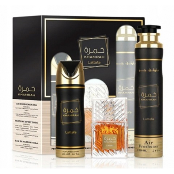 Obrázok pre Lattafa Khamrah darčeková sada edp 100ml + perfumed spray 200 ml + izbový sprej alebo aj do auta sprej 300 ml unisex